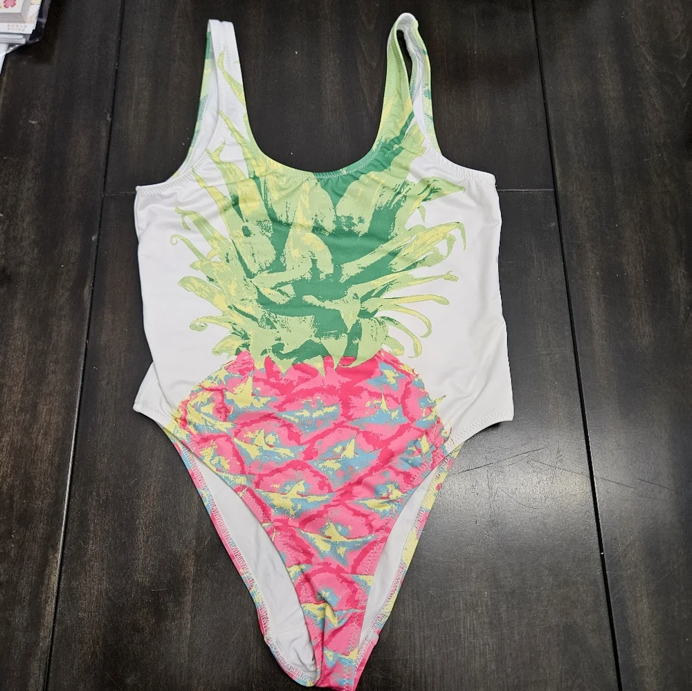 Chubbies Women’s One Piece Swimsuit Pink Pineapple Print Size small NWOT - Picture 2 of 7